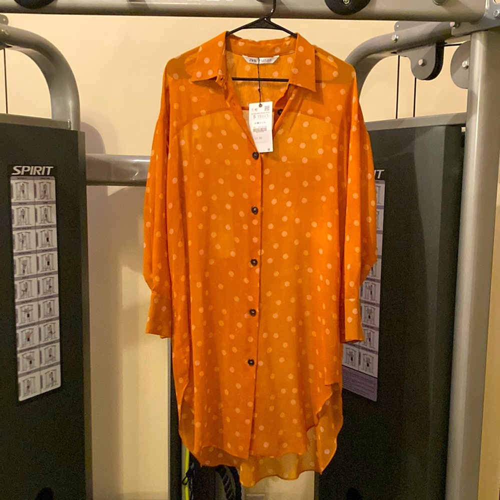 BNWT Zara tunic long top orange with pale pink polka dots size small